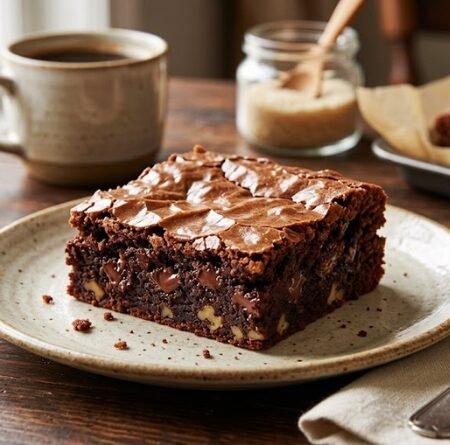 Fatia de brownie americano original com casquinha crocante e brilhante sobre prato de cerâmica em mesa rústica.