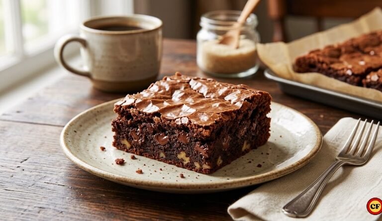 Fatia de brownie americano original com casquinha crocante e brilhante sobre prato de cerâmica em mesa rústica.