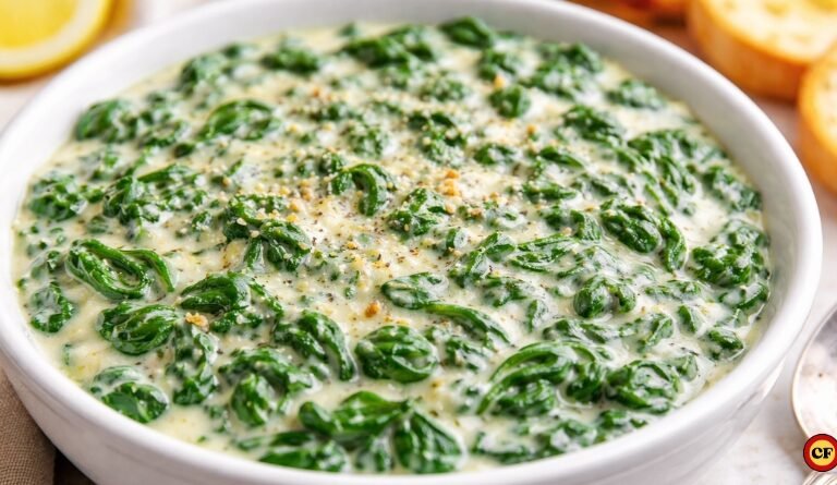 Creme de espinafre cremoso servido em tigela branca com textura aveludada