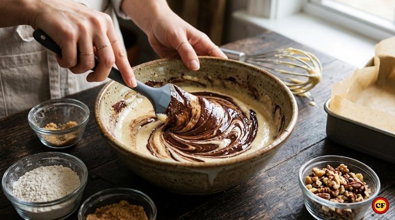 Fotografia em ângulo de 45 graus de uma mão feminina misturando creme de chocolate brilhante em uma massa clara em uma tigela de cerâmica rústica sobre mesa de madeira escura.