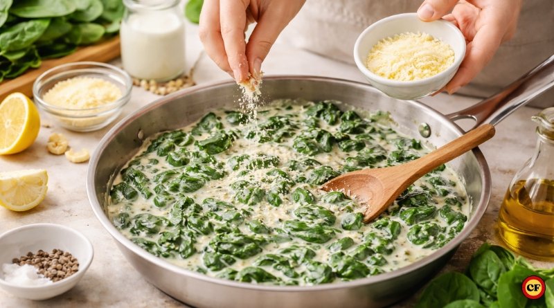 Preparo de creme de espinafre cremoso em panela com ingredientes frescos sendo adicionados