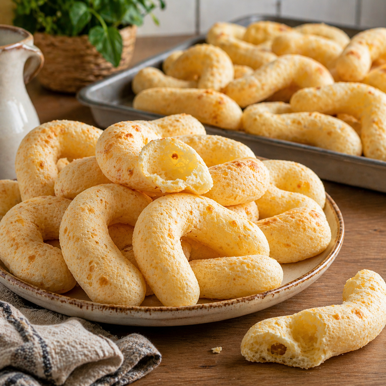 Biscoitos de polvilho caseiros assados, leves e crocantes, servidos em prato