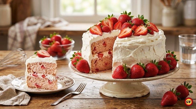 Bolo de liquidificador de morango com massa rosada, coberto com chantilly caseiro firme e decorado com morangos frescos em uma bancada de madeira estilo rústico
