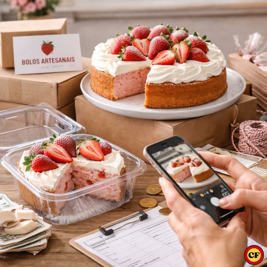 Pessoa fotografando bolo de morango com chantilly para venda em confeitaria caseira