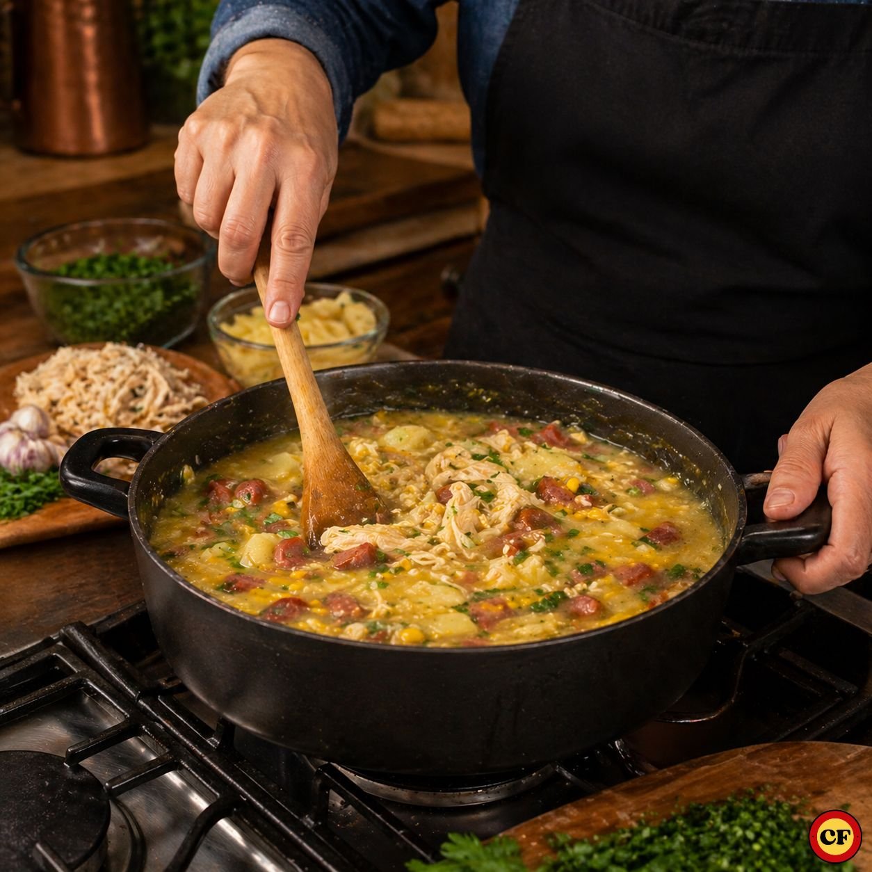 Pessoa mexendo caldo de kenga cremoso em panela grande com frango desfiado, mandioca, milho e linguiça durante preparo