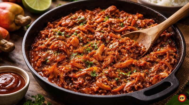 Carne de caju desfiada ao molho barbecue em frigideira, receita vegana com textura semelhante à carne