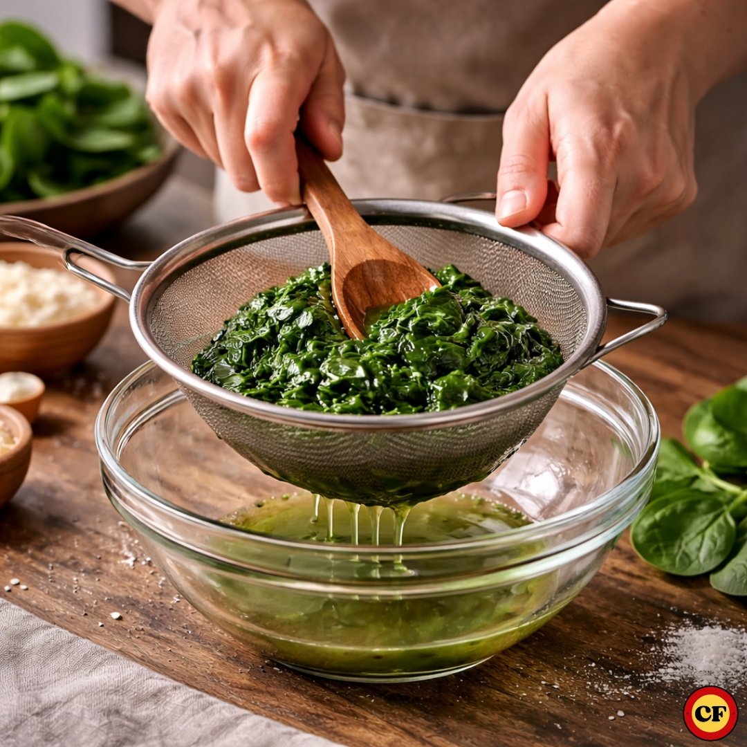 Pessoa pressionando espinafre cozido em peneira para retirar o excesso de água