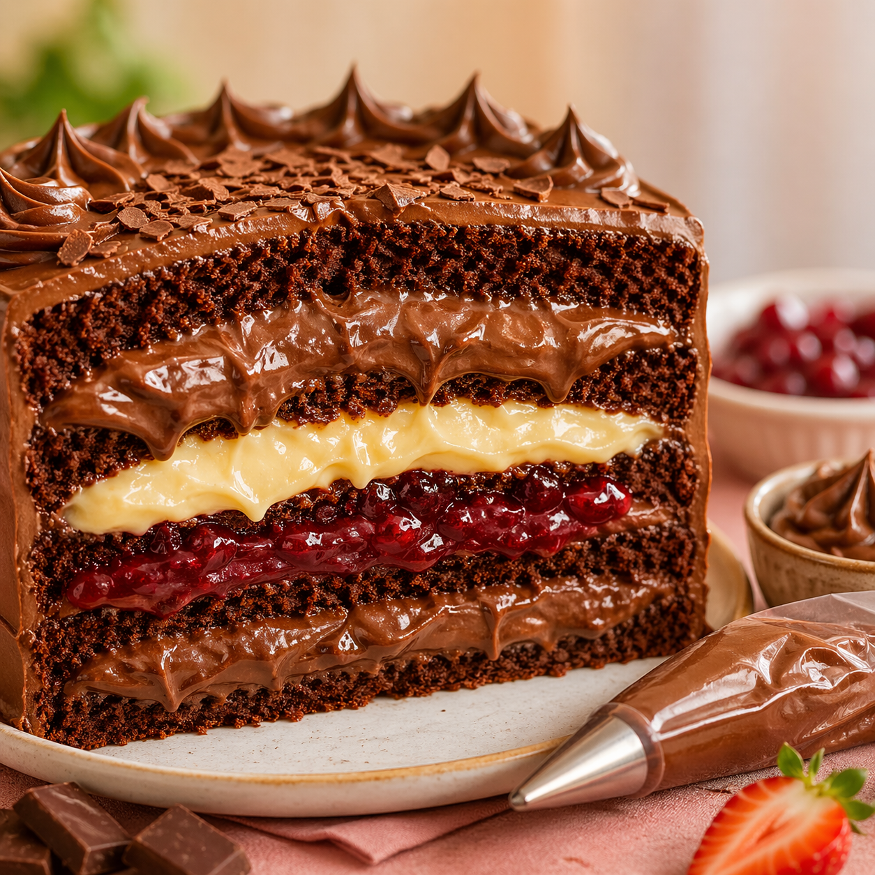 Recheio cremoso de bolo de chocolate com camadas de brigadeiro, creme e geleia