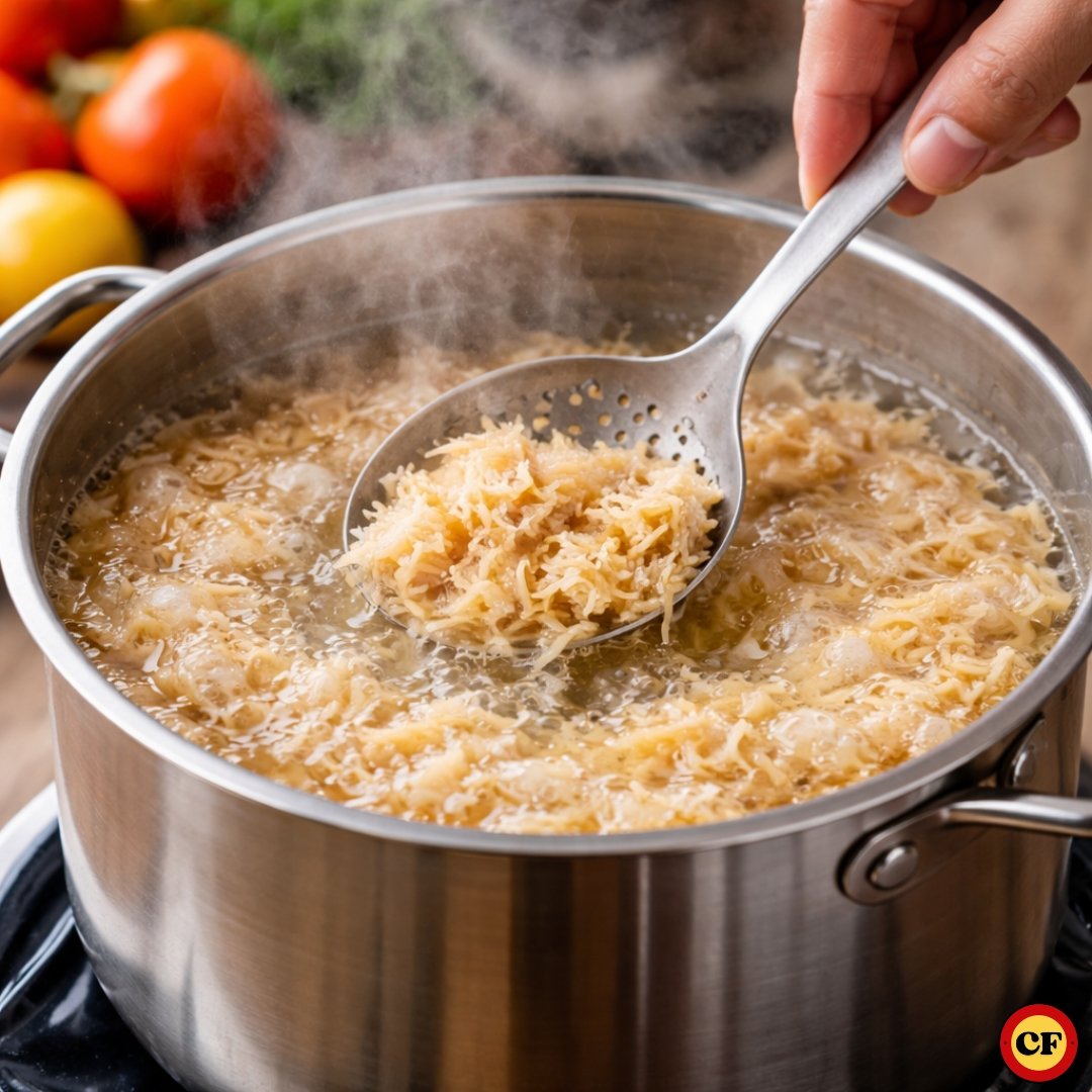 Polpa de caju desfiada sendo escaldada em água fervente para retirar o amargor da receita vegana