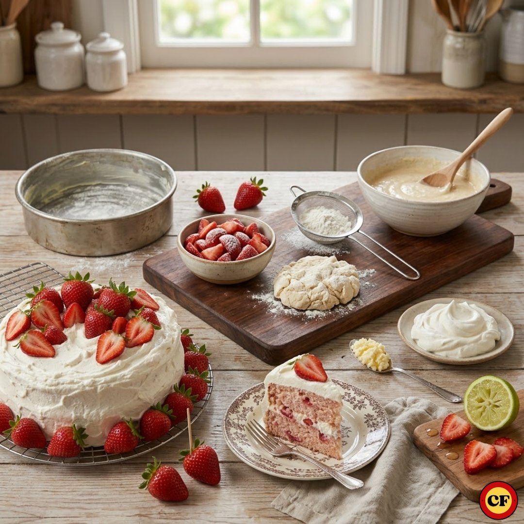 Imagem mostrando técnicas de confeitaria: teste do palito no bolo, morangos empanados na farinha, limão para evitar oxidação e comparação entre chantilly firme e talhado sobre bancada de madeira rústica