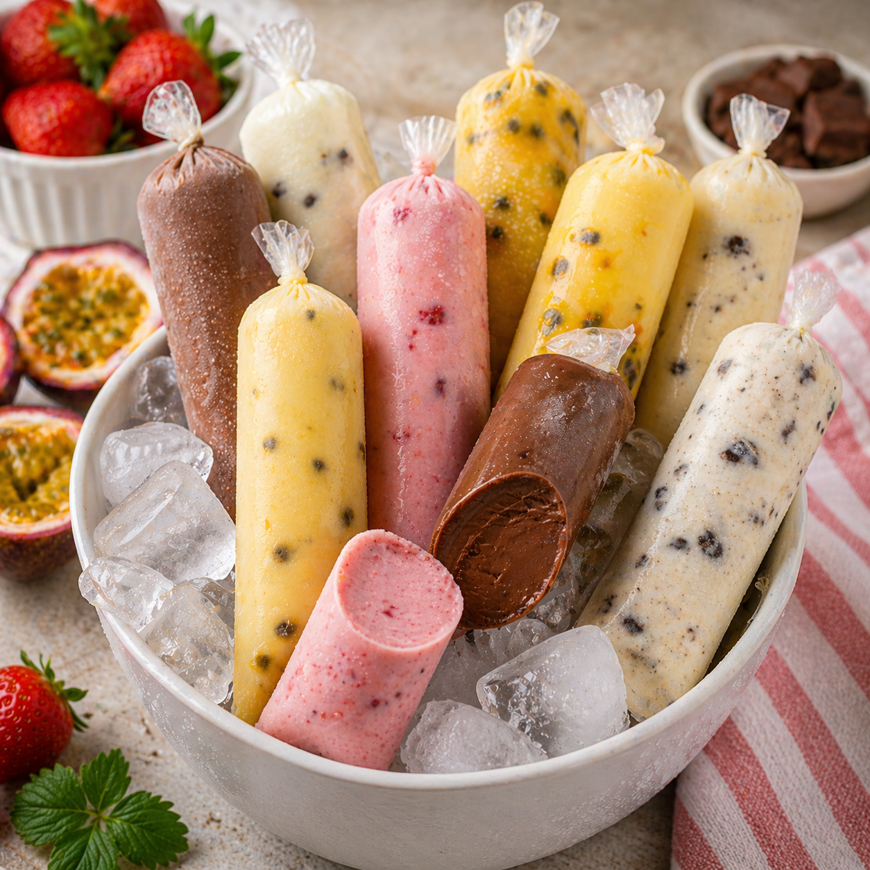 Geladinhos gourmet cremosos de vários sabores em saquinhos sobre gelo