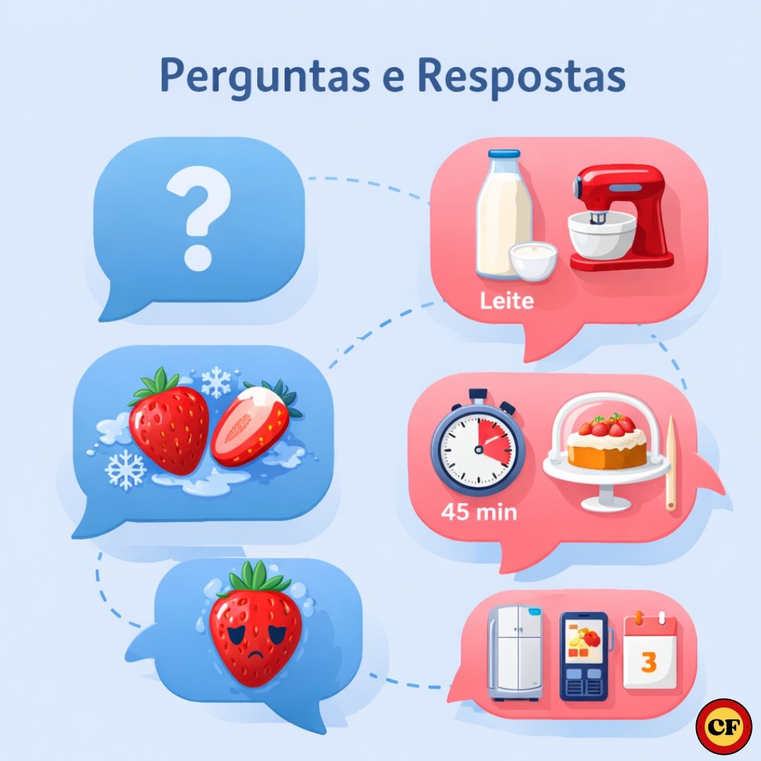 Infográfico com dicas sobre bolo de morango de liquidificador incluindo leite, tempo de forno, chantilly e conservação