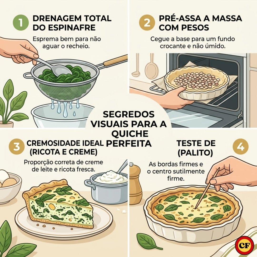 Infográfico ilustrado mostrando como drenar o espinafre, pré-assar a massa com pesos, a proporção de ricota e o teste do palito para quiche