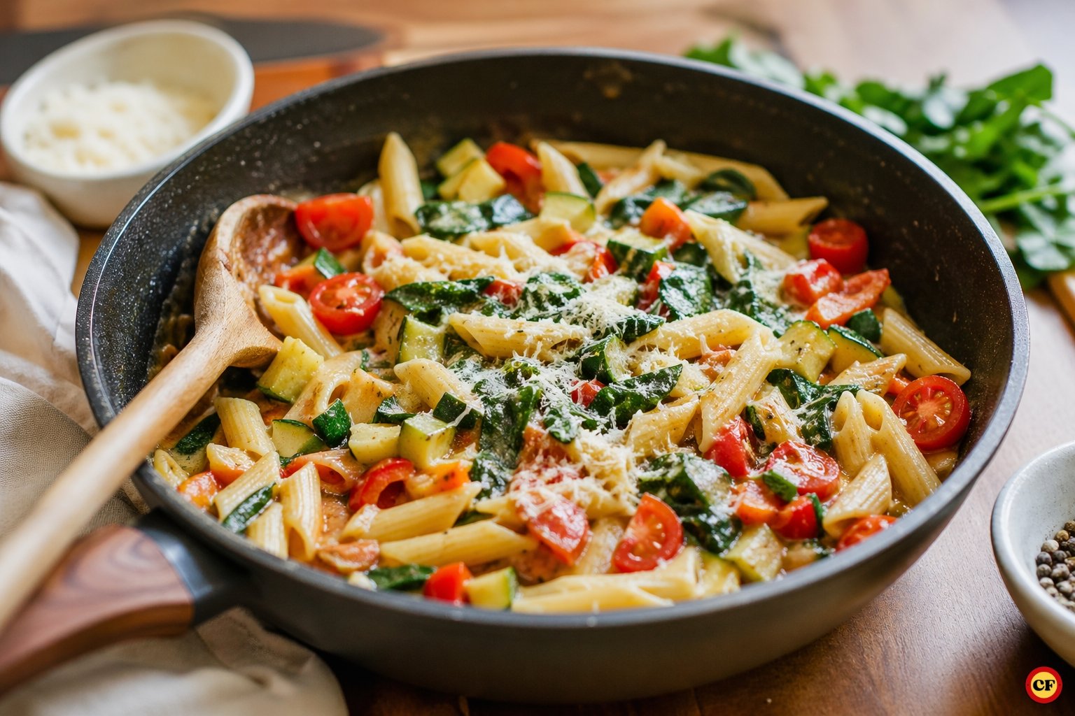 Macarrão one-pot com legumes e queijo cremoso preparado em uma única panela