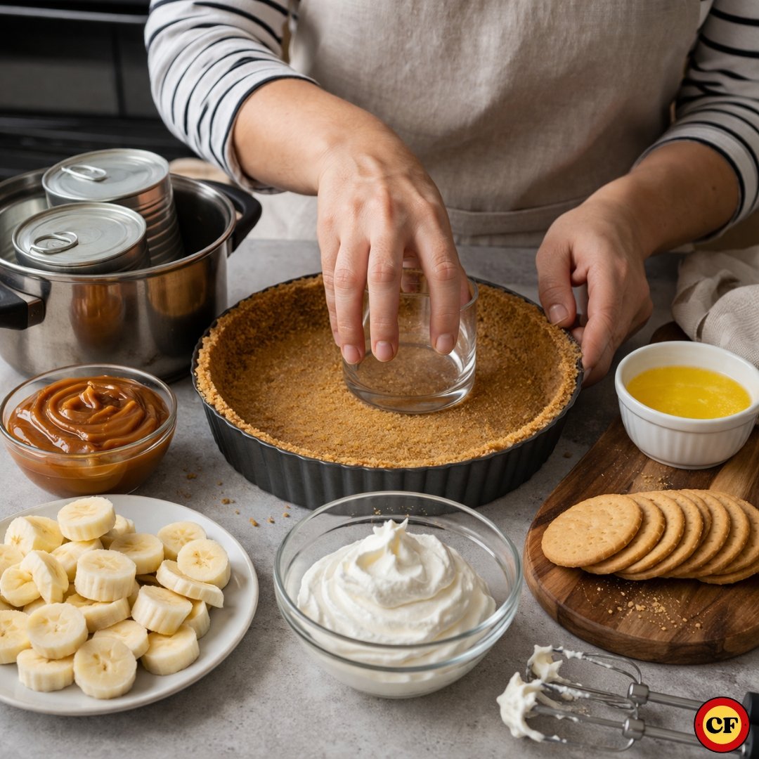 Receita de Banoffee Perfeita: Segredo Profissional para Não Desmoronar Pessoa pressionando massa de biscoito com copo em forma de torta para fazer base firme de banoffee