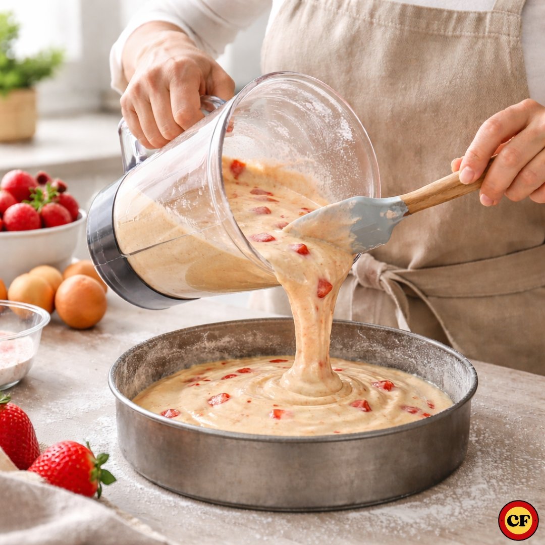 Pessoa despejando massa de bolo de morango com pedaços da fruta em forma redonda untada