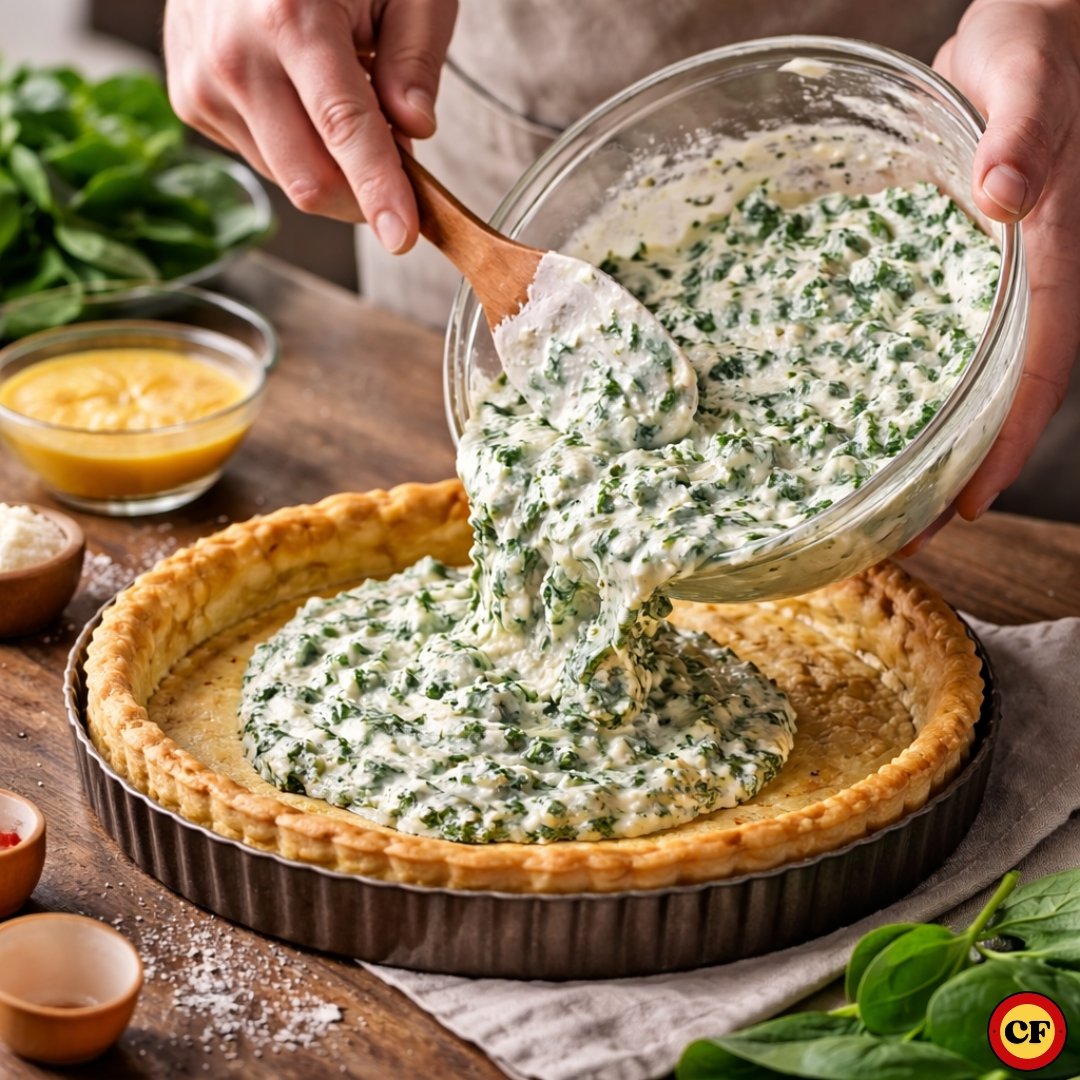 Pessoa despejando recheio cremoso de espinafre e ricota em massa de quiche pré-assada