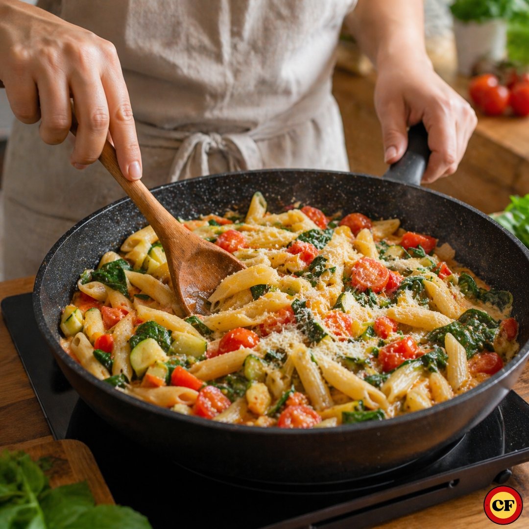 Pessoa mexendo macarrão one-pot com legumes e queijo cremoso em uma panela no fogão