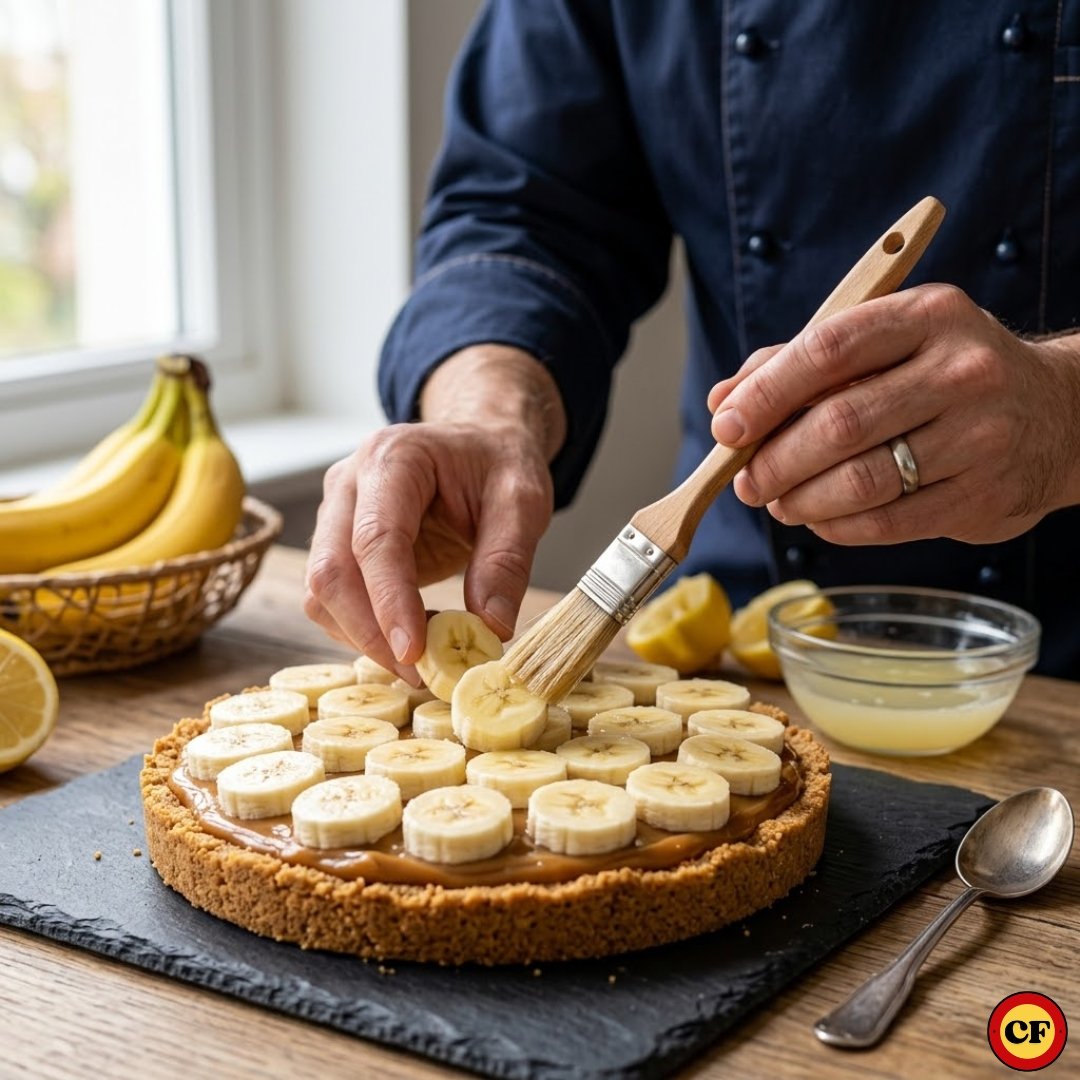 Receita de Banoffee Perfeita: Segredo Profissional para Não Desmoronar Mãos de um confeiteiro pincelando suco de limão sobre rodelas de banana-nanica dispostas em uma base de torta com doce de leite, demonstrando a técnica para evitar a oxidação.