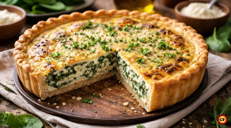 Quiche de espinafre e ricota com massa crocante e recheio cremoso recém-assada