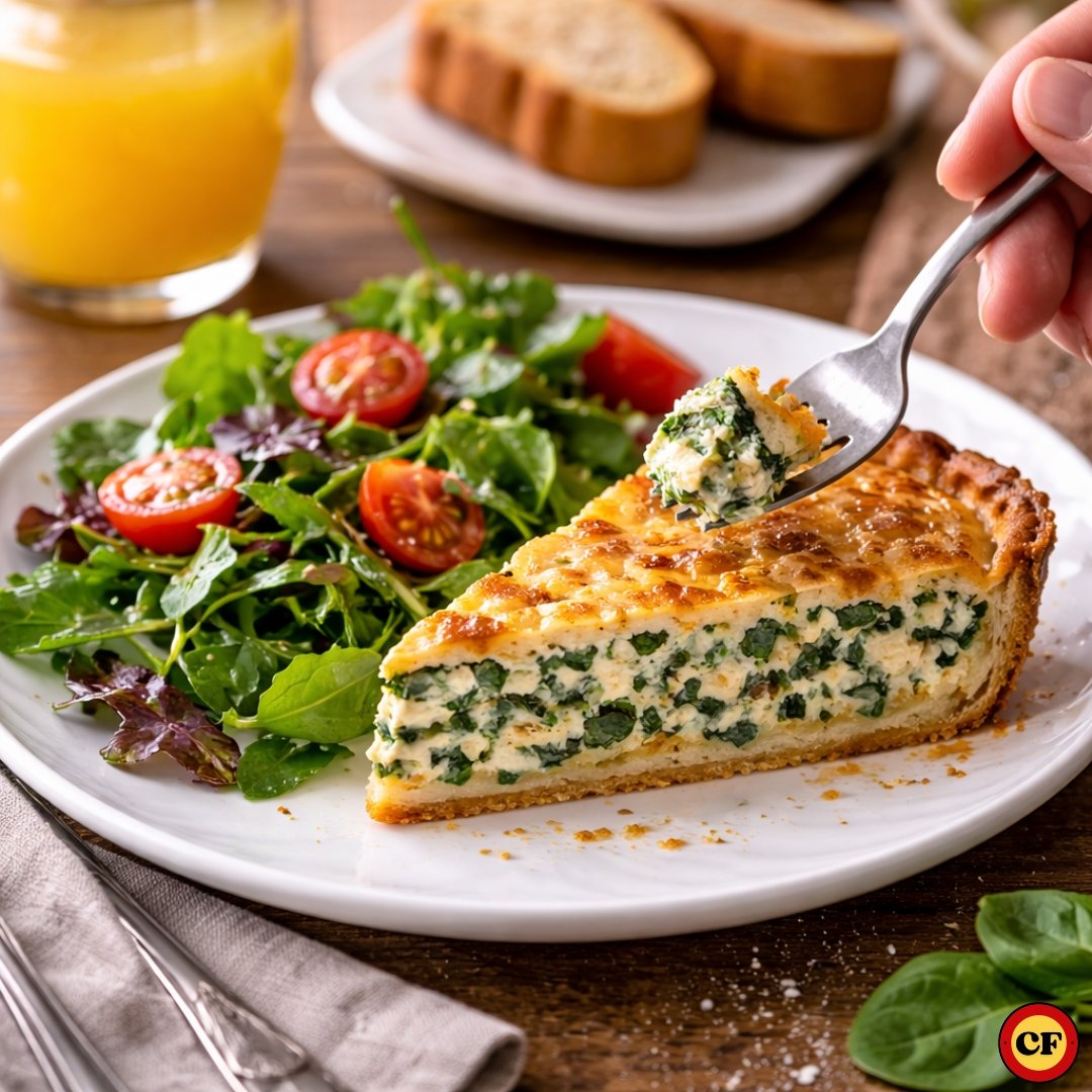 Fatia de quiche de espinafre e ricota servida com salada fresca e bebida natural