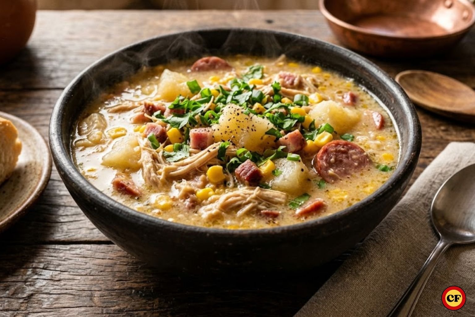 Tigela de cerâmica com caldo de kenga cremoso, frango desfiado, milho e bacon, servida em uma bancada de cozinha moderna com iluminação natural