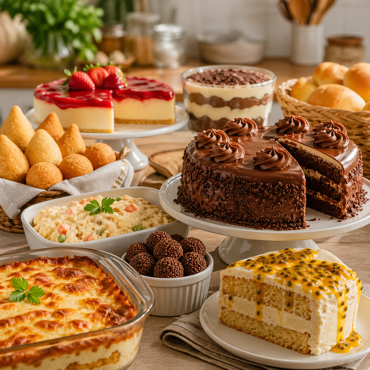 Mesa com variedade de receitas caseiras como bolos, sobremesas e salgados com aparência profissional