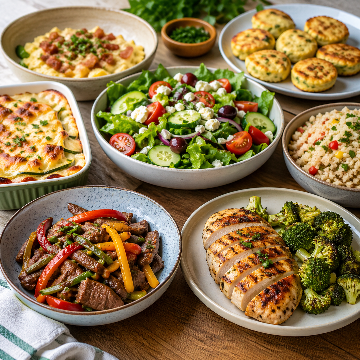 Pratos variados de receitas low carb com carnes, legumes e saladas frescas