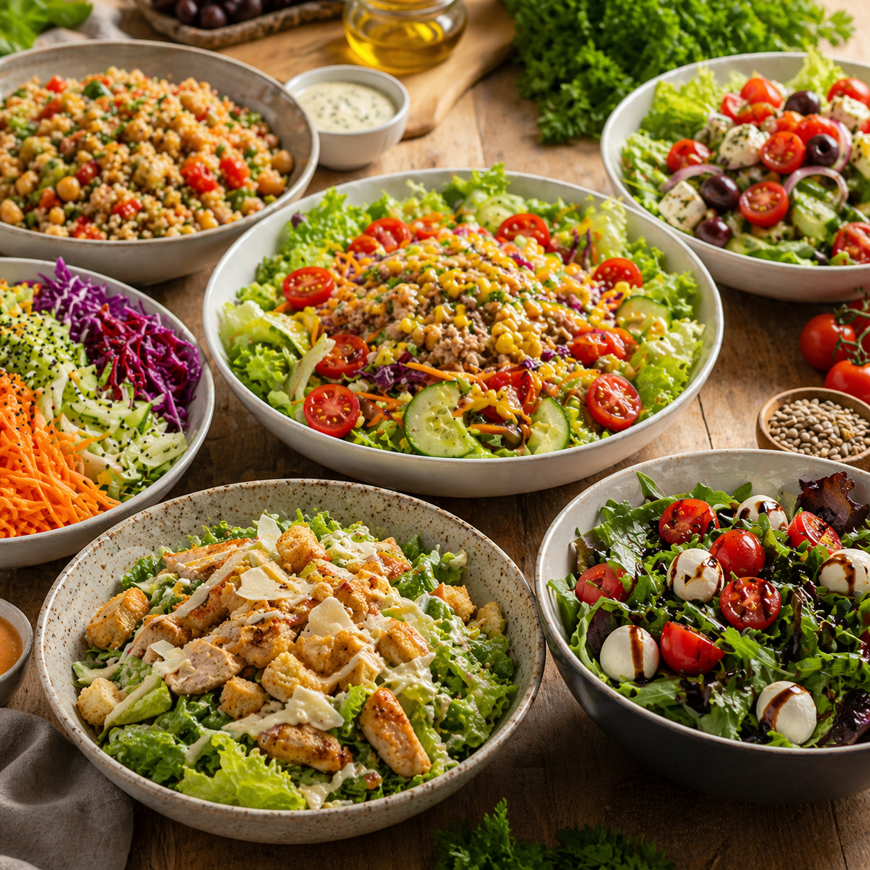 Mesa com vários pratos de saladas variadas, coloridas e frescas, mostrando diferentes combinações de ingredientes e molhos