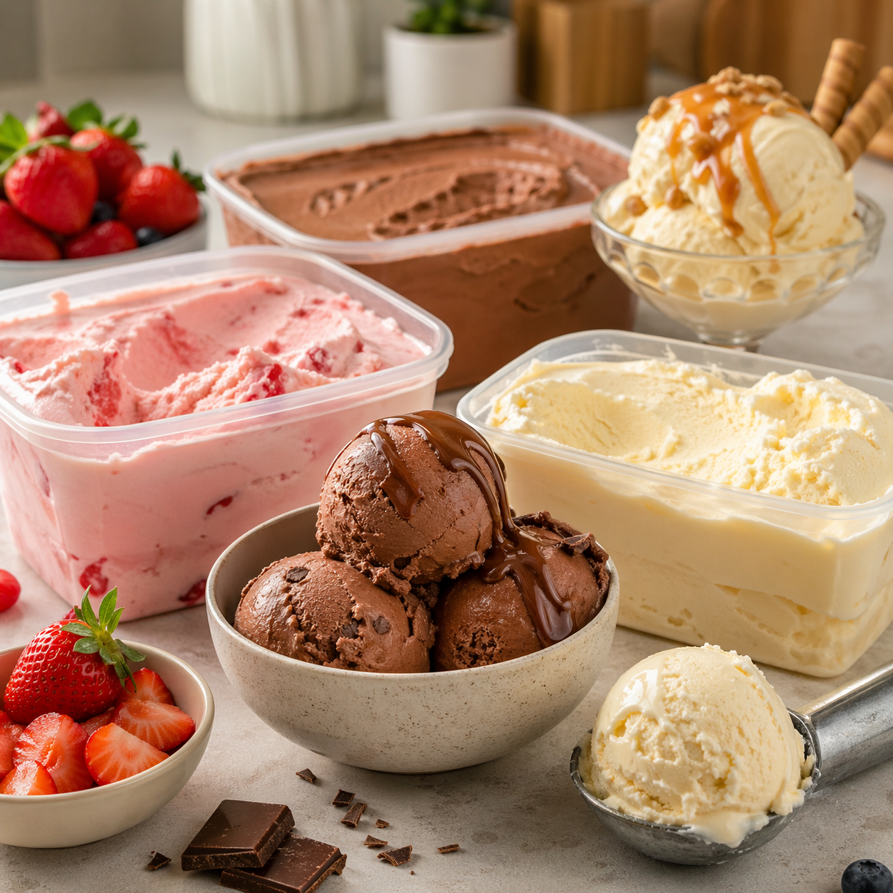 Sorvetes caseiros cremosos de chocolate, morango e creme servidos em potes e taças