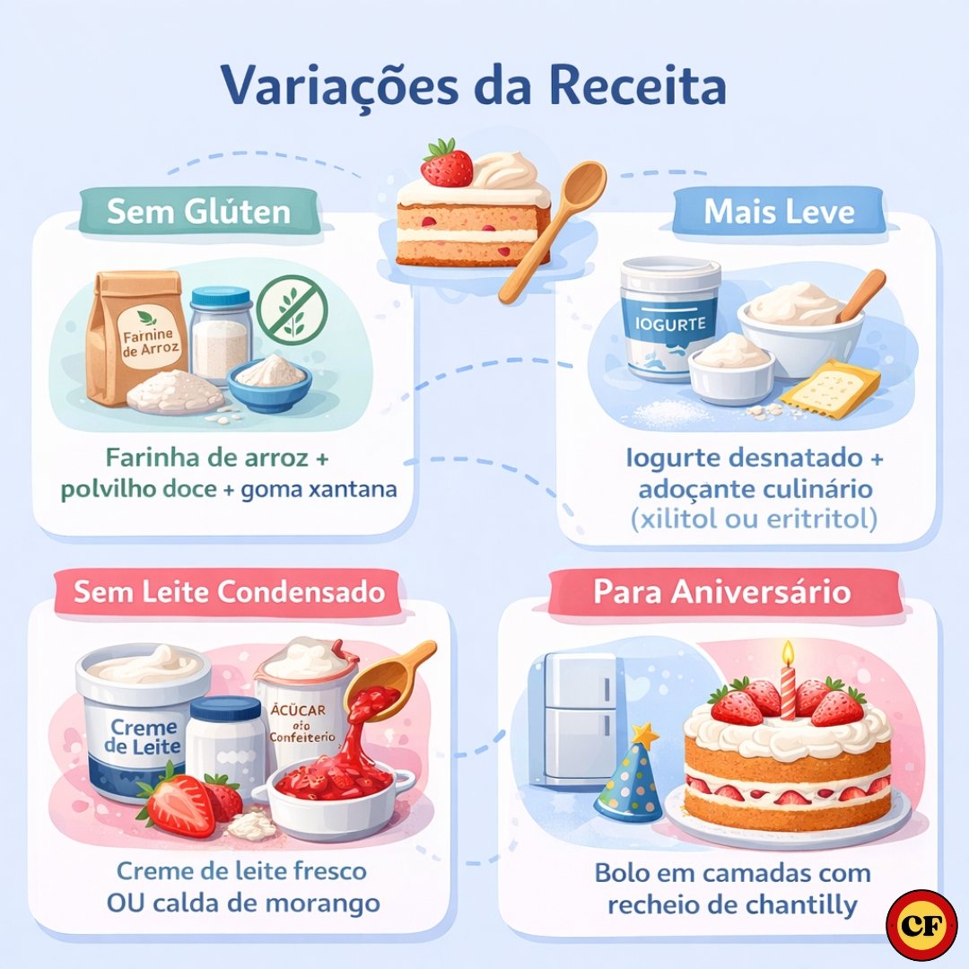 Infográfico com variações de bolo de morango de liquidificador incluindo versão sem glúten, leve, sem leite condensado e para aniversário