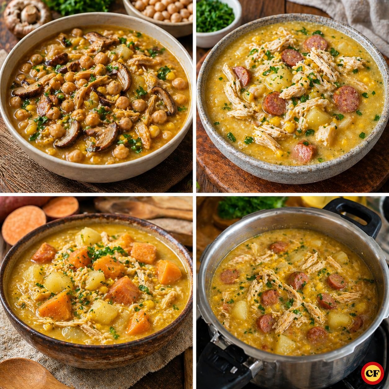 quatro variações de caldo de kenga em tigelas diferentes incluindo versão vegetariana leve com batata doce e preparo na panela de pressão