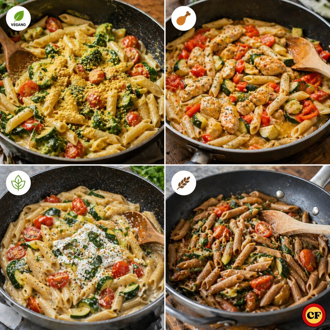 Quatro variações de macarrão one-pot com legumes: versão vegana, com frango, leve com iogurte e com macarrão integral