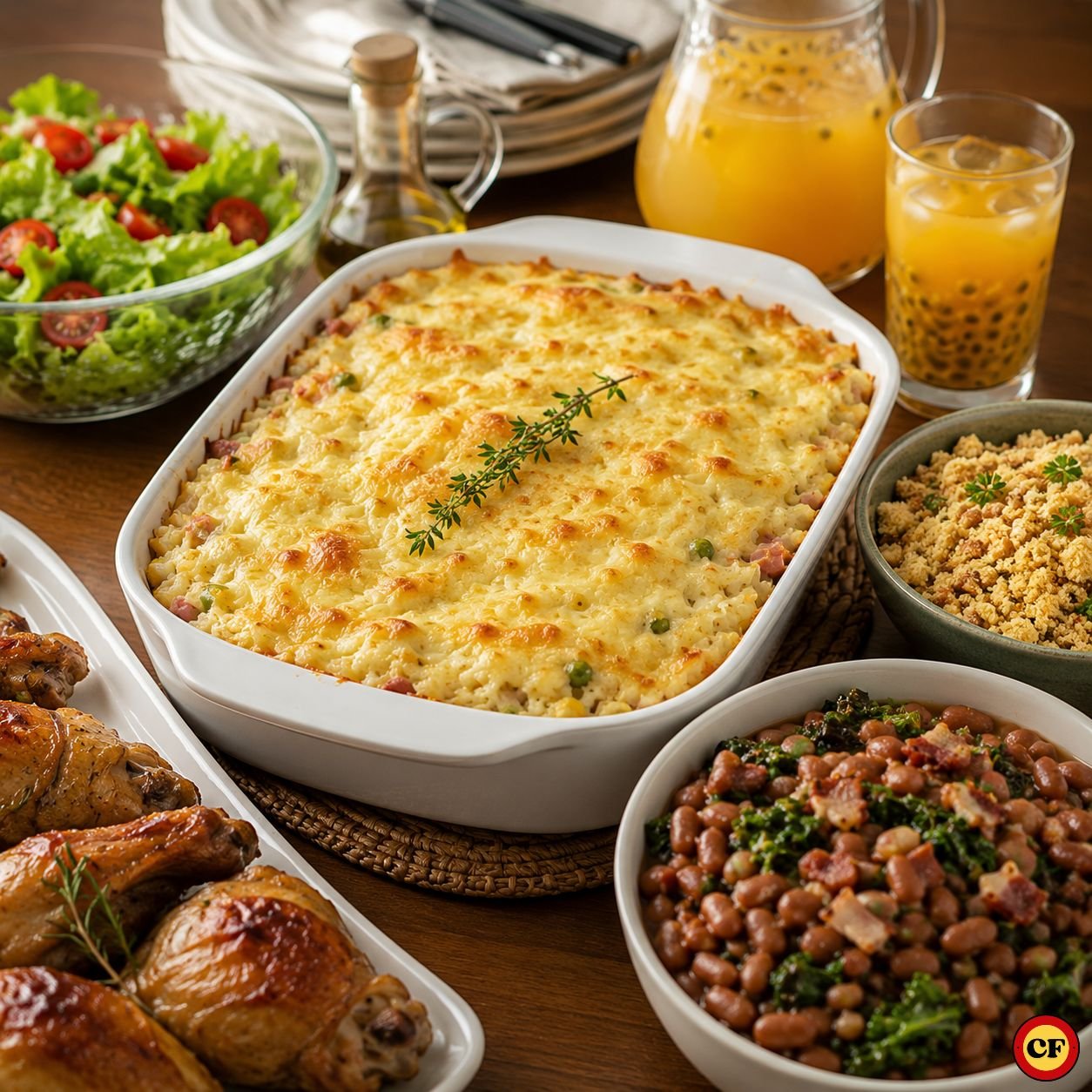 Mesa de almoço com arroz de forno cremoso acompanhado de salada, frango assado, feijão e suco natural