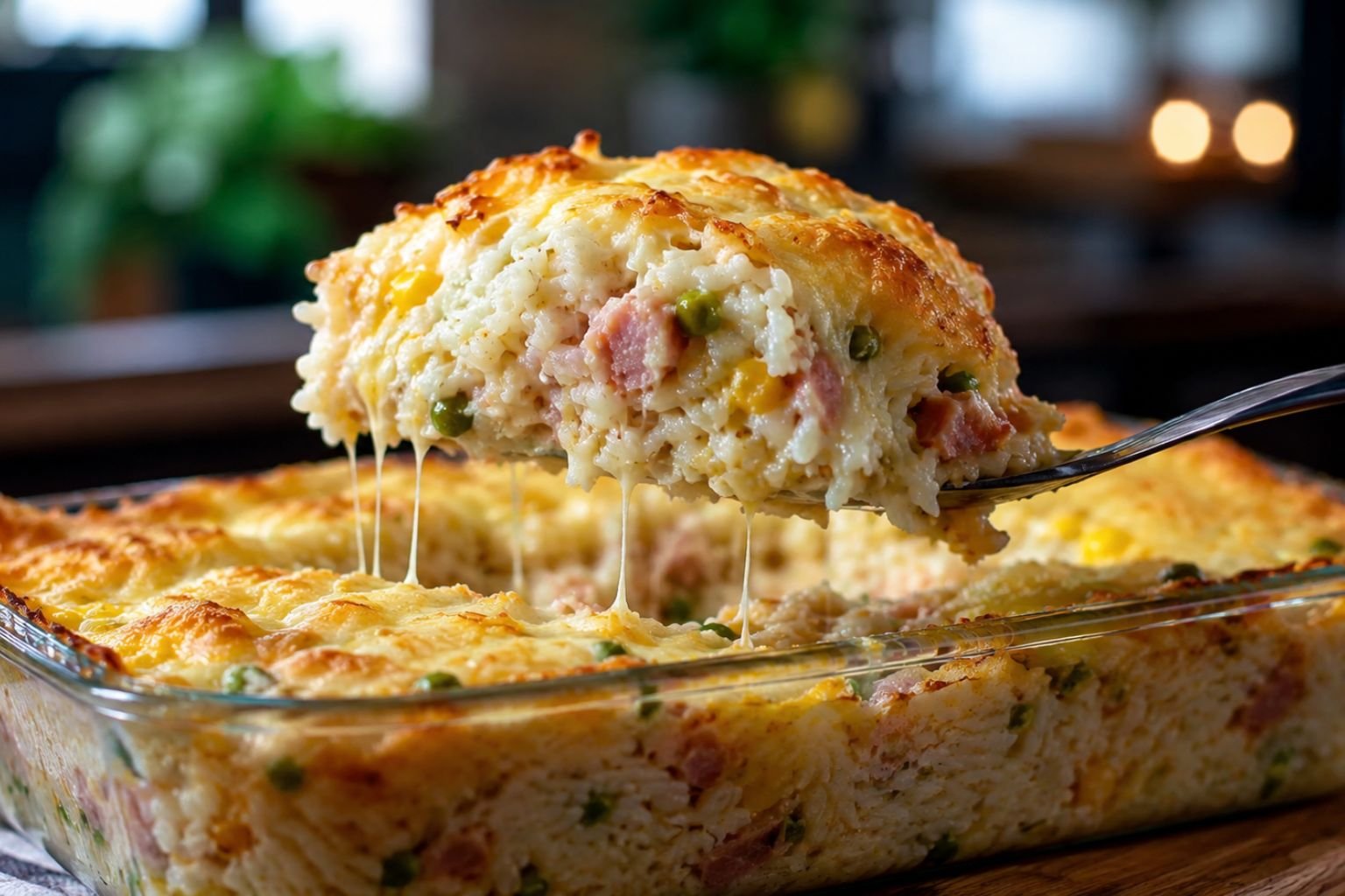 Arroz de forno cremoso gratinado com queijo derretido sendo servido em travessa de vidro