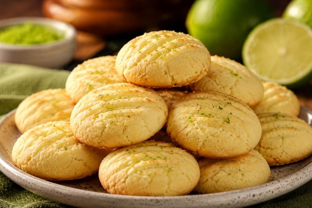 Biscoitos amanteigados de limão empilhados em prato rústico com raspas cítricas e limões ao fundo desfocado
