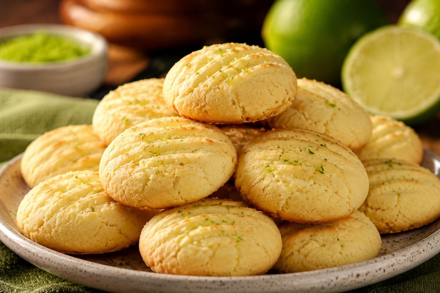 Biscoitos amanteigados de limão empilhados em prato rústico com raspas cítricas e limões ao fundo desfocado