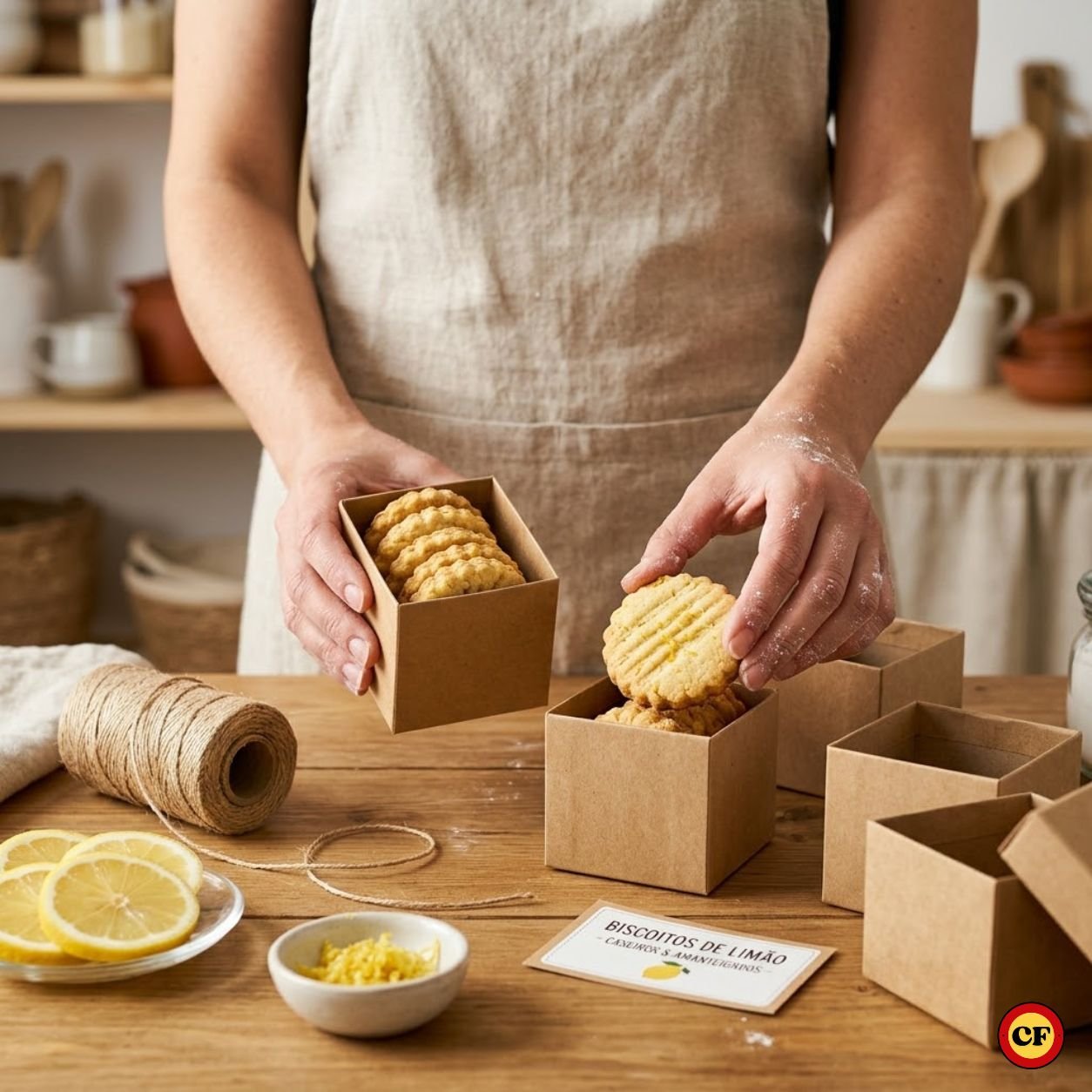 Close-up das mãos de uma confeiteira artesanal organizando biscoitos de limão em caixinhas de papel kraft para venda
