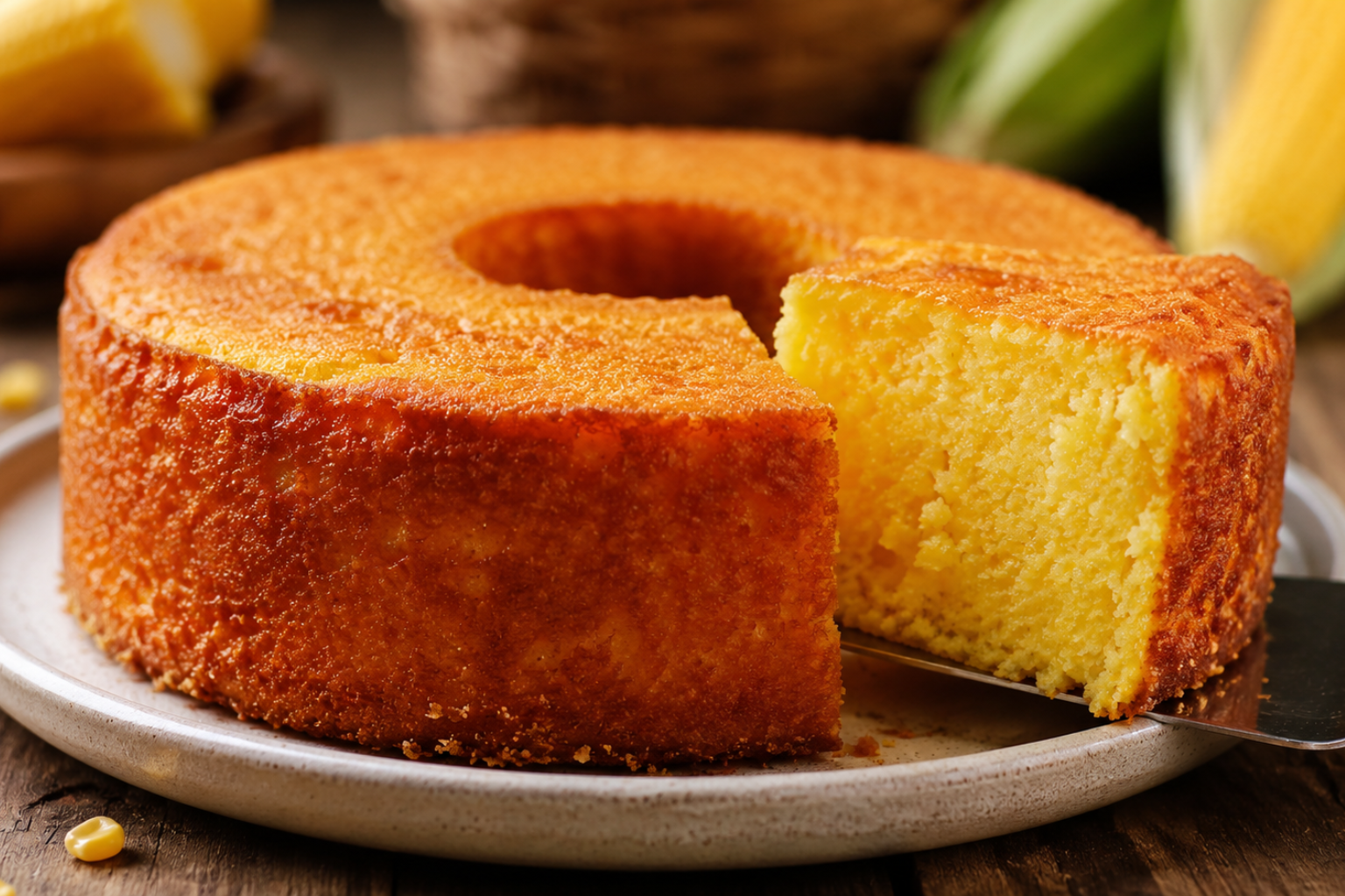 Bolo de milho cremoso de liquidificador com textura macia e interior úmido servido sobre mesa rústica