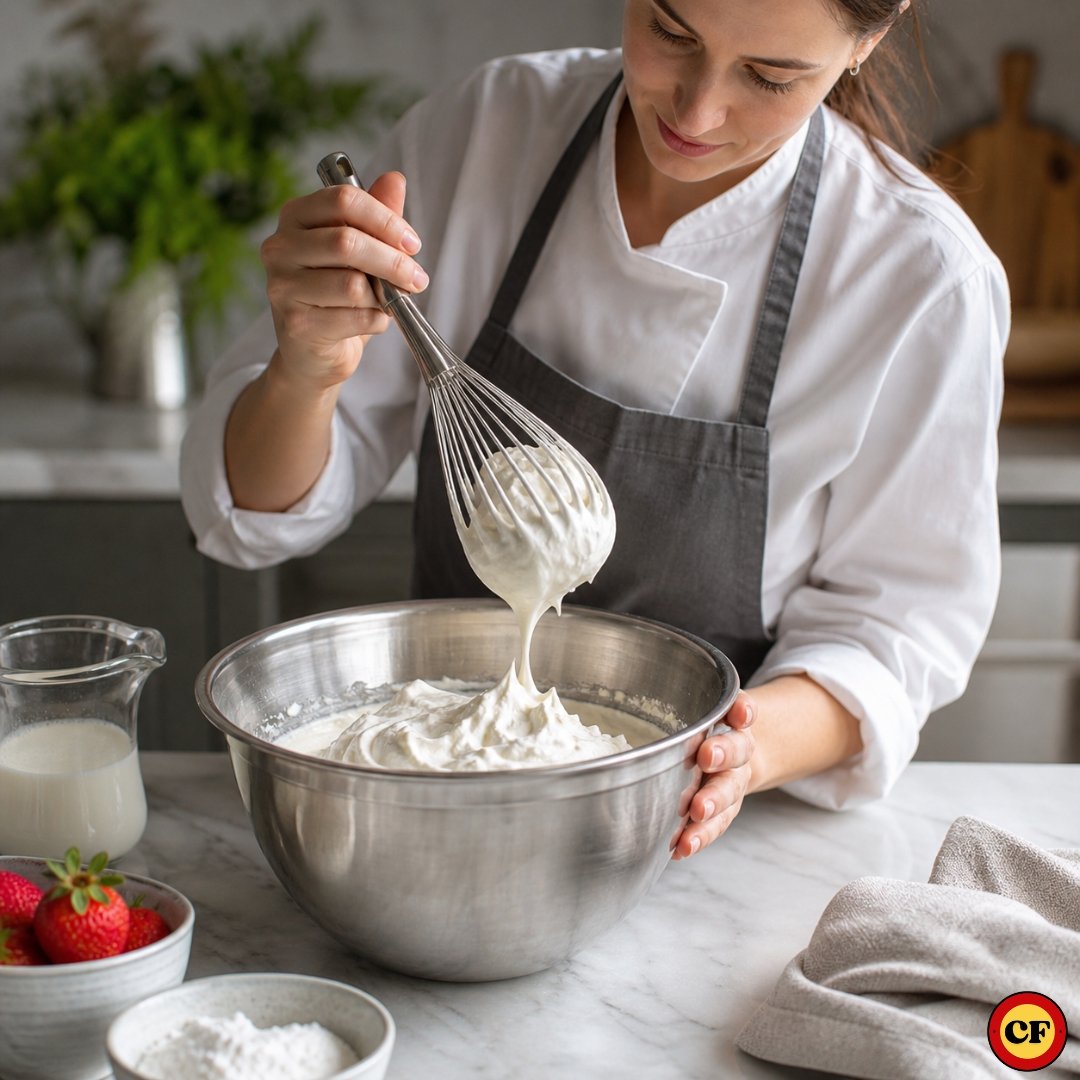 Pessoa batendo chantilly com batedor manual em tigela de inox mostrando textura mole que não atingiu o ponto