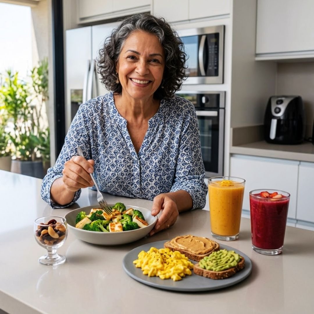 Mulher sorridente em uma cozinha moderna organizando uma mesa com torradas, ovos mexidos e salada colorida, ao lado de copos de suco de laranja com gengibre e suco de beterraba