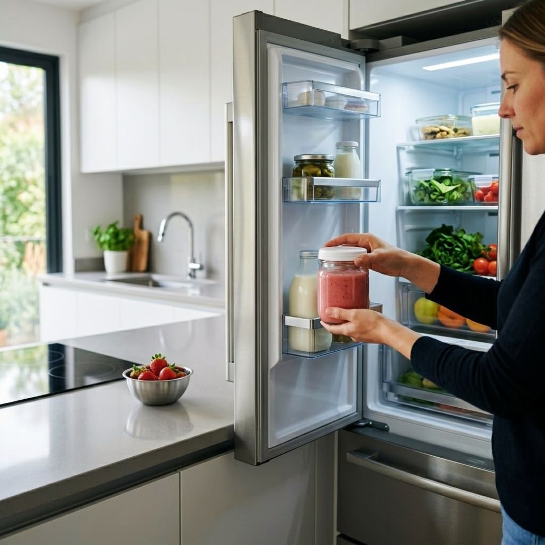 Mulher guardando um pote de vidro hermético com creme rosa de morango e inhame dentro de uma geladeira moderna e organizada