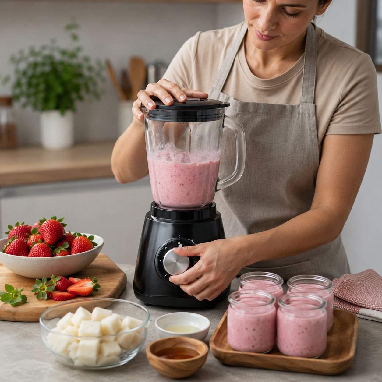 Mulher preparando danoninho de inhame com morango no liquidificador em cozinha iluminada