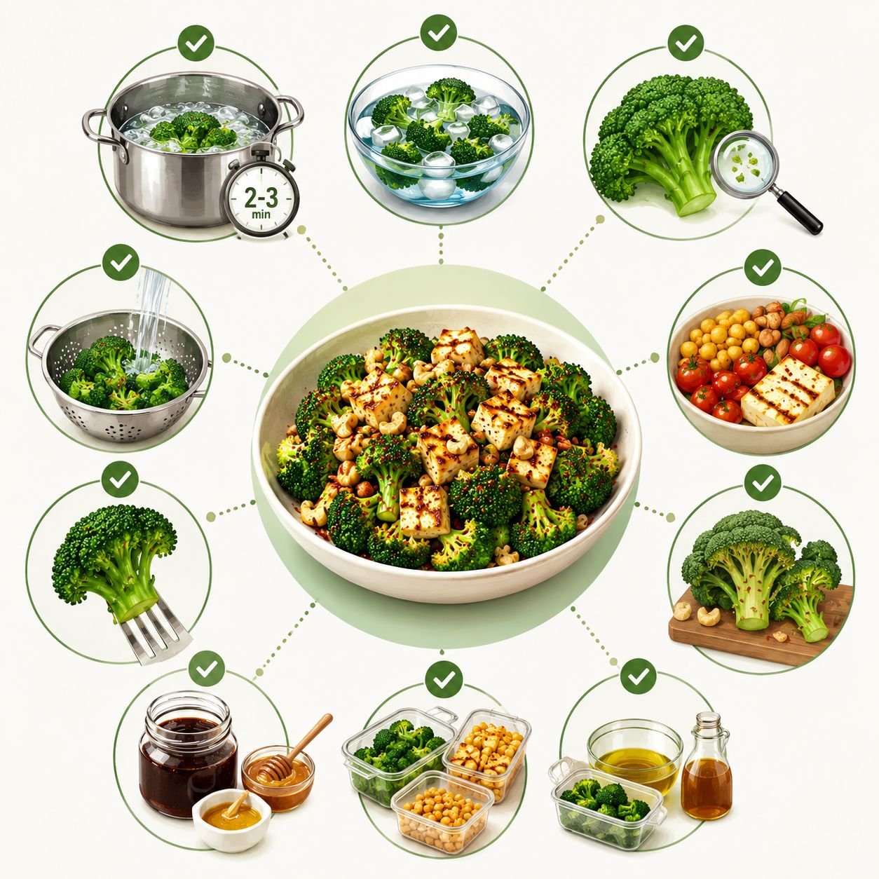 Infográfico ilustrado com dicas para preparar salada de brócolis crocante, verde e saborosa