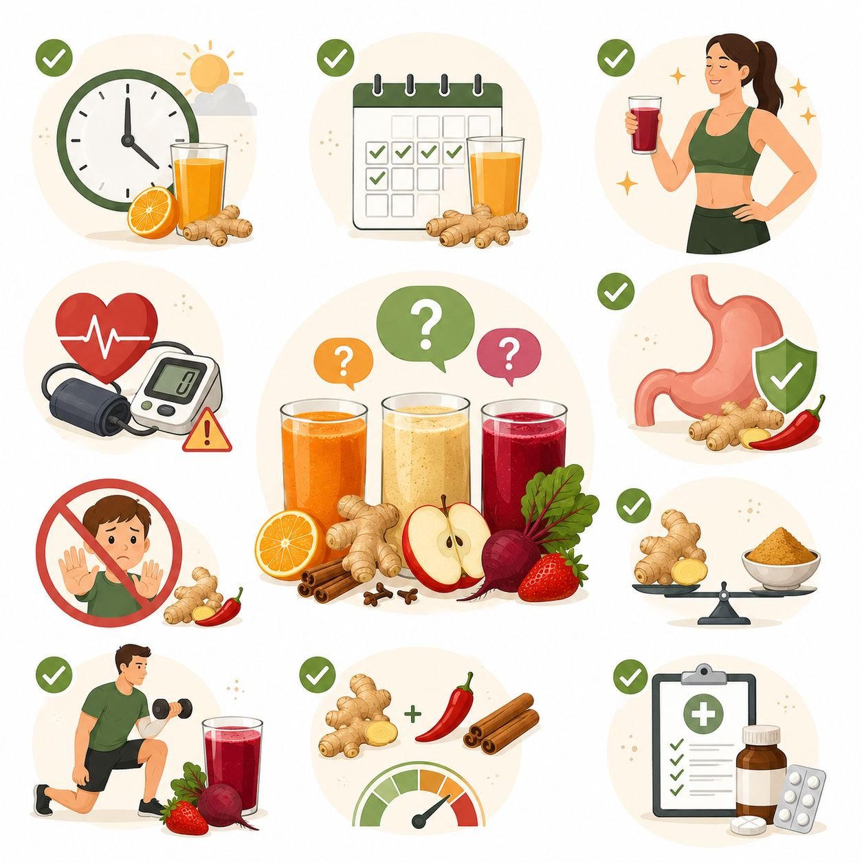 Infográfico ilustrado com orientações sobre consumo de sucos termogênicos, ingredientes funcionais e hábitos saudáveis