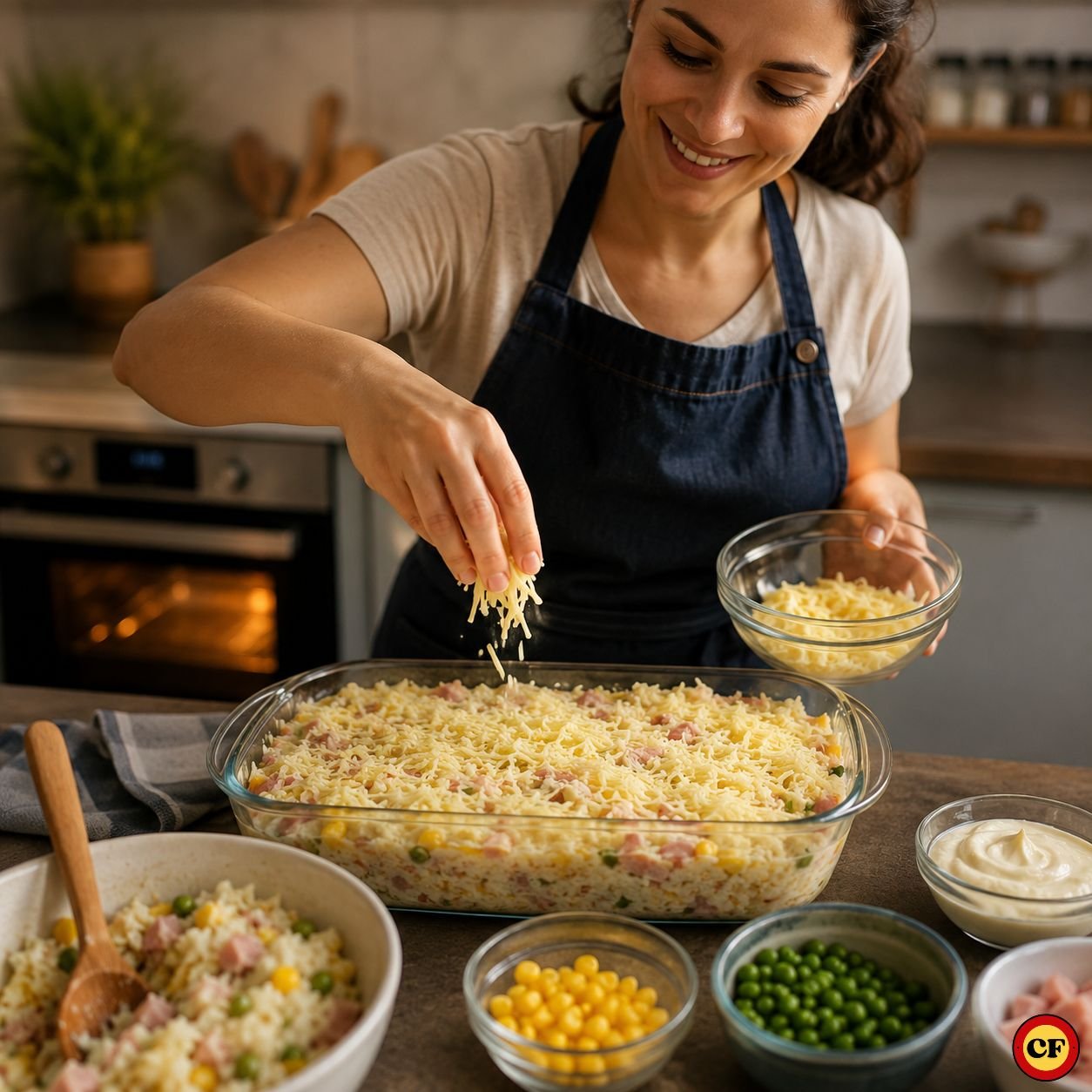 Mulher preparando arroz de forno cremoso e adicionando queijo ralado antes de levar ao forno