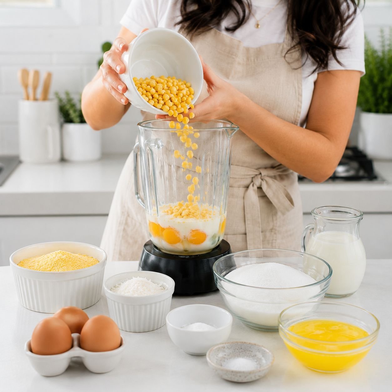 Mulher preparando massa de bolo de milho cremoso no liquidificador com ingredientes organizados em cozinha moderna branca