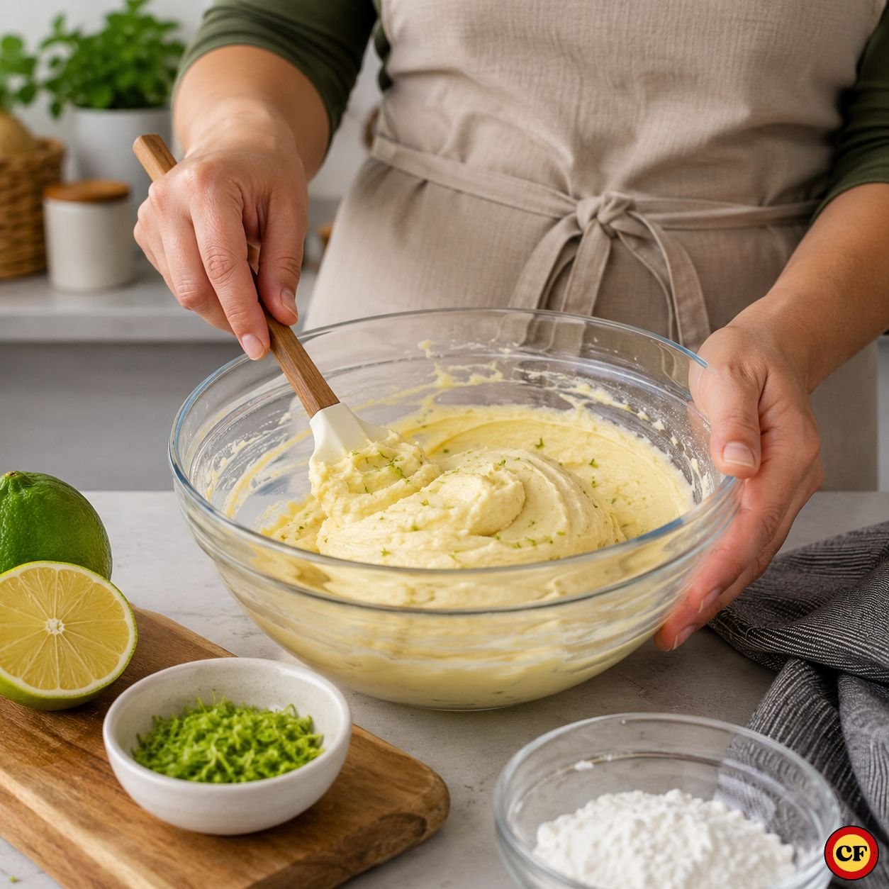 Pessoa misturando massa de biscoito de limão em tigela de vidro com raspas cítricas e ingredientes sobre bancada de cozinha