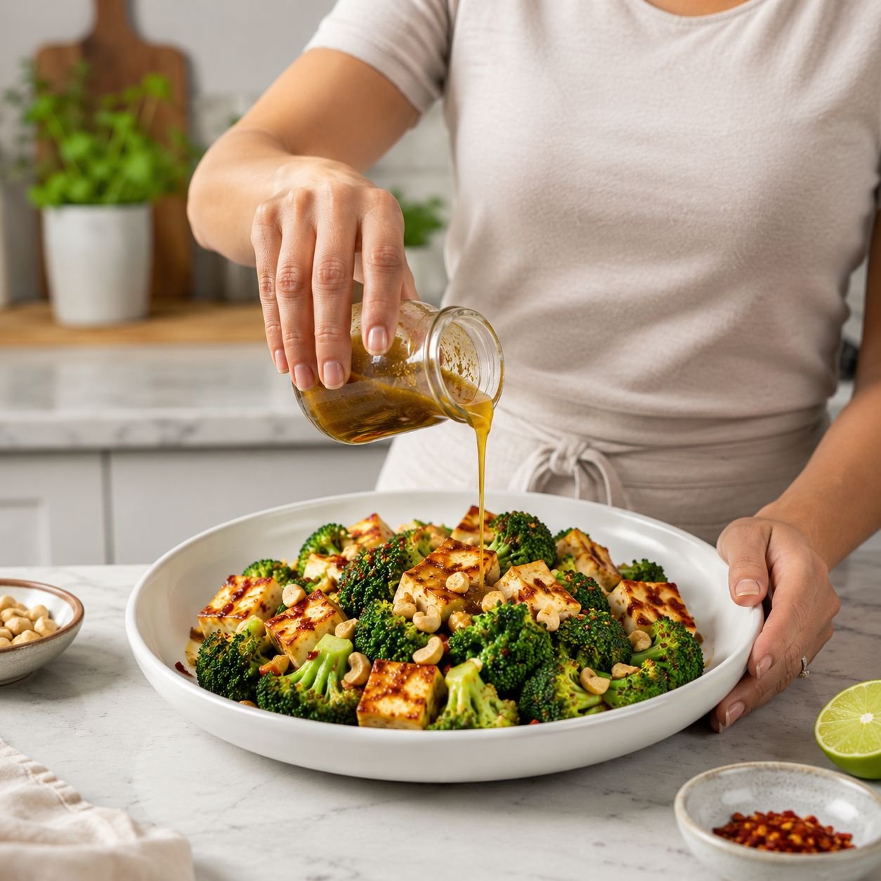 Pessoa finalizando salada de brócolis com queijo coalho grelhado e molho agridoce em cozinha moderna clara