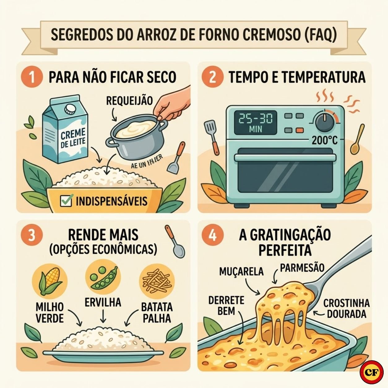 ilustrativo dividido em quatro quadrantes ensinando como deixar o arroz de forno cremoso, tempo de forno, ingredientes para render mais e tipos de queijo para gratinar